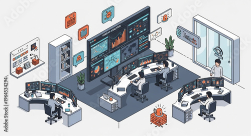 Isometric Security Operations Center - Cybersecurity Monitoring and Threat Analysis.