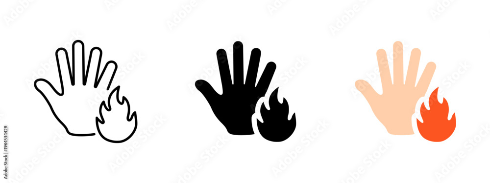 Fototapeta premium Burns icon. Hand with burn injury symbol. Skin damage, hazard and pain sign. Medical and safety concept representing burn, accident and health warning.