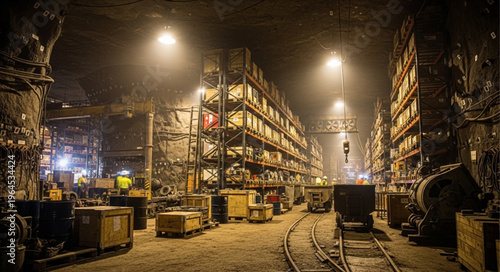 Warehouse Interior with Shelves and Tracks - Industrial Storage Scene.