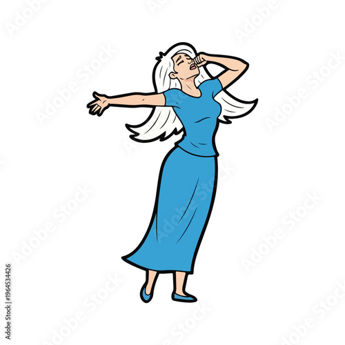 Cartoon senior woman dancing alone with dynamic movement and expression