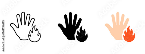 Burns icon. Hand with burn injury symbol. Skin damage, hazard and pain sign. Medical and safety concept representing burn, accident and health warning.