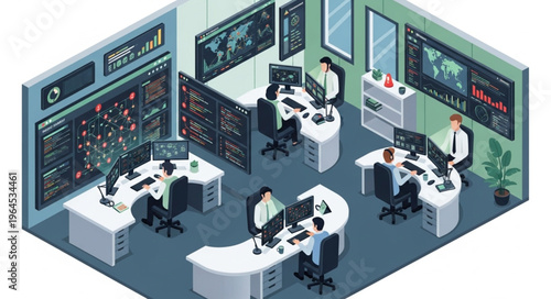 Isometric View of a Modern Control Room with Operators.
