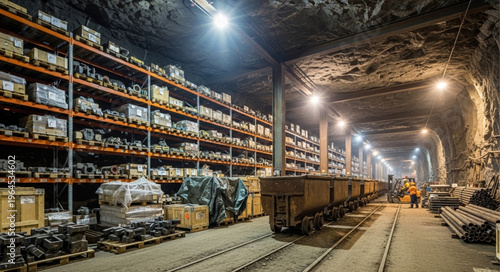 Underground Mining Storage Area with Equipment and Mine Carts.