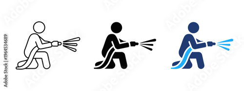 Firefighter puts out fire with hose and water icon. Fire flame extinguishing symbol. Safety, protection and emergency sign. Guard and hazard concept representing fire control and firefighting action.
