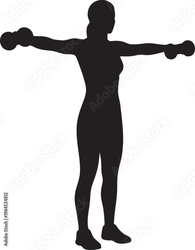 Dynamic monochromatic graphic of a woman executing a dumbbell raise, symbolizing strength and active wellness