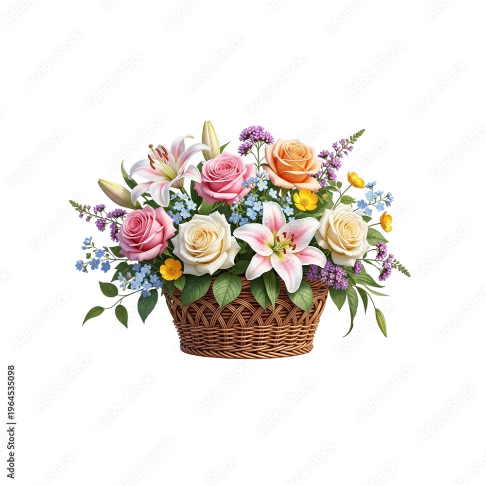 Fototapeta premium A woven basket holds an arrangement of pink roses, white lilies, and small purple accent flowers against a white background.