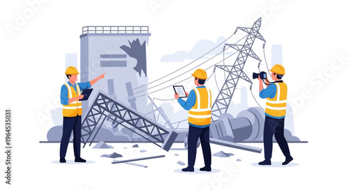 Engineers and Workers Inspecting Damaged Power Infrastructure and Collapsed Building After Disaster