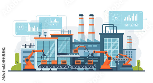 Smart Factory Automation: Robotic Arms, Conveyor Belts, and Digital Monitoring for Modern Manufacturing & Industry 4.0 Production Line