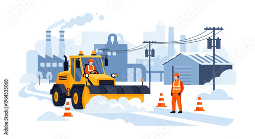 Snowplow Clearing Road in Winter with Maintenance Crew. Urban Industrial Snow Removal Flat Illustration.