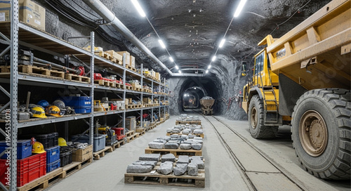 Underground Mine Storage - Shelves, Supplies, and Heavy Equipment.