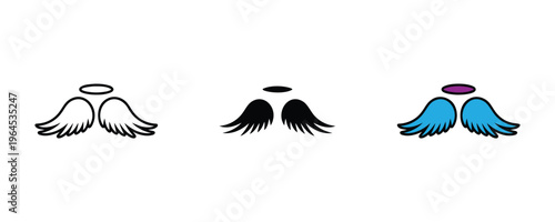 Divine angel wings with halo for spirituality, freedom and guardian protection icon set. Vector Illustration.