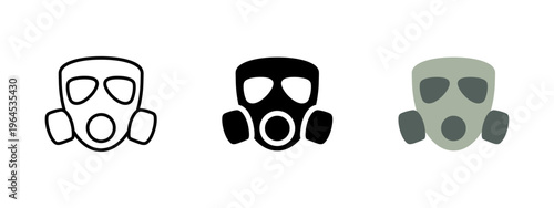 Gas mask icon. Protective respirator symbol with filters. Safety, hazard and risk sign. Industrial guard concept representing gas mask, toxic protection and emergency equipment.