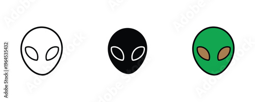 Extraterrestrial alien head character for space exploration, science fiction and galaxy adventure concept icon set. Vector Illustration.