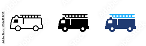 Fire truck with ladder icon. Emergency vehicle and firefighting symbol. Safety, protection and hazard sign. Firefighter, rescue and risk concept representing fire truck with ladder equipment.