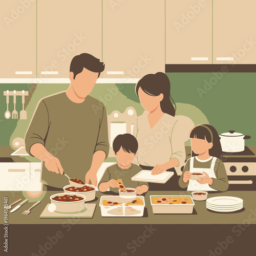 Family Cooking Together In The Kitchen Preparing A Meal.