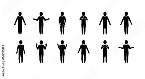 Set of human silhouettes with various hand gestures and body poses