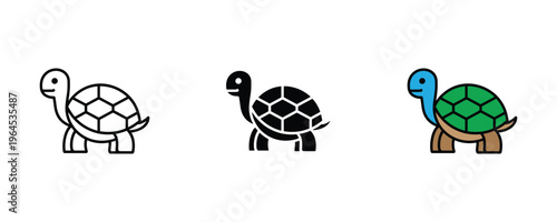 Slow moving turtle or tortoise character for nature, wildlife and longevity concept icon set. Vector Illustration.