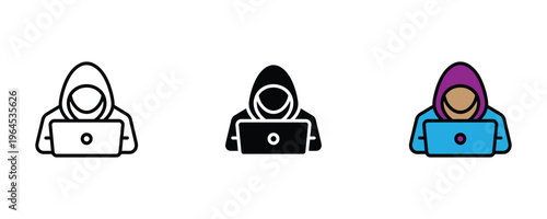 Anonymous hacker character in hoodie working on laptop for cyber security and data privacy concept icon set. Vector Illustration.