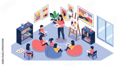 Isometric view of a creative art class where a teacher instructs students as they sit on bean bags and paint in a bright studio.