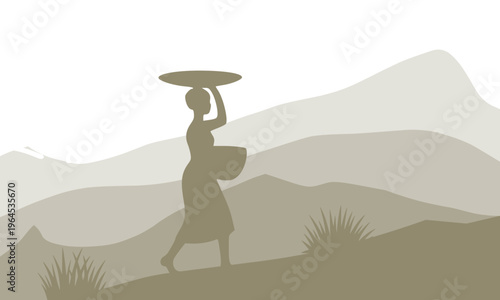  Silhouette of African woman carrying basket on head walking through misty mountain landscape, depicting traditional rural village life and cultural heritage in nature