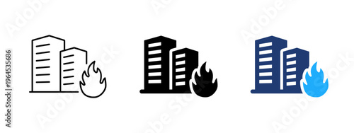 Building on fire icon. Structure with flames and smoke symbol. Hazard, emergency and danger sign. Risk, safety and protection concept representing burning building and fire rescue.