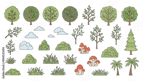 Nature elements collection features various green trees, pine, palms, bushes, grass, mushrooms, and clouds for landscape design projects.