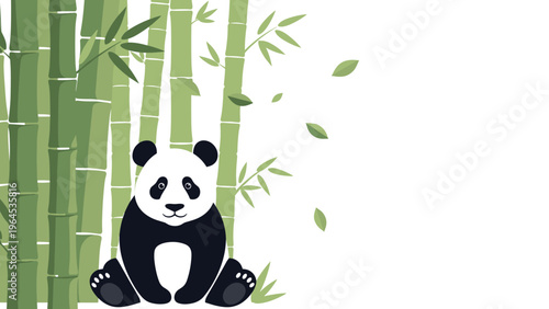 Giant panda sits peacefully surrounded by a lush green bamboo forest with falling leaves on a clean white background for wildlife themes.