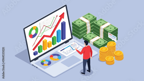Finance expert analyzes rising growth charts on a laptop screen next to large stacks of cash and gold coins for investment planning.