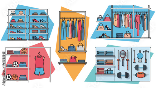 Retail store shelves and racks display a wide variety of clothing, shoes, designer handbags, and sports equipment in a colorful layout.