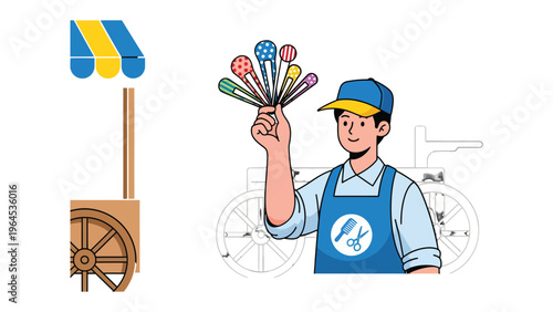 Sweet Treats Vendor's Delight: A cheerful vendor presents a colorful array of lollipops, standing proudly beside his vintage-style cart.