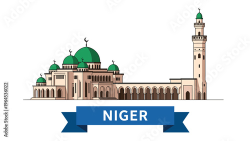 Grande Mosque of Niamey in Niger is depicted with its iconic green domes and tall minaret against a simple white background for travel.