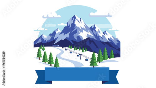 Winter ski resort landscape features snow-capped mountains, a ski lift, pine trees, and a winding slope for downhill winter sports.