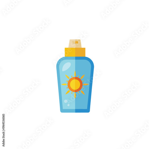 A vector graphic illustration of a blue sunscreen bottle with a yellow cap