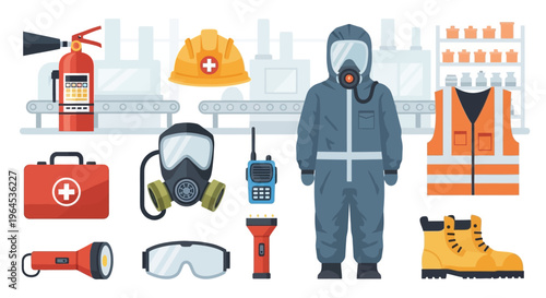 Industrial Workplace Safety Equipment & Personal Protective Gear Set. Flat Vector Illustration of PPE, Hazard Protection, and Emergency Tools.