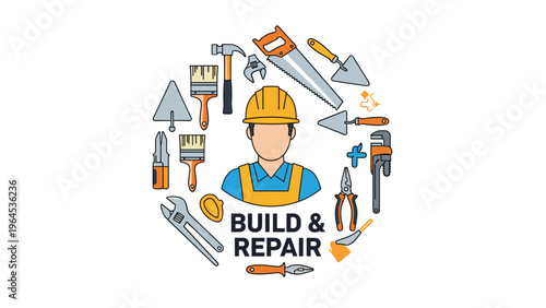 Maintenance and repair service concept features a construction worker surrounded by essential hand tools for building and renovation.