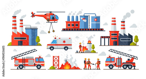 Emergency Services & Industrial Safety Set: Firefighters, Ambulances, Factories, Disasters