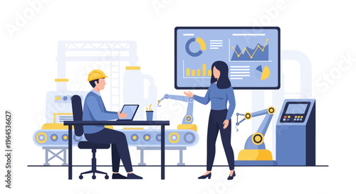 Smart Factory Automation & Industry 4.0 Management: Engineers Overseeing Robotics and Data Analytics in Modern Manufacturing Production