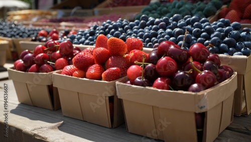 Rows of fresh strawberries blueberries and cherries in rustic cardboard punnets at a local market evoking a sense of community sustainability and authentic regional agricultural flavor.