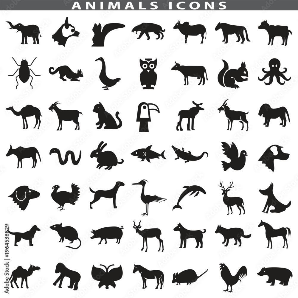 Fototapeta premium Animal silhouette collection. Set of black animal silhouette. Animal icons. Mammal, fish, insects, birds, reptiles silhouette collection. Wild, domestic animals icons