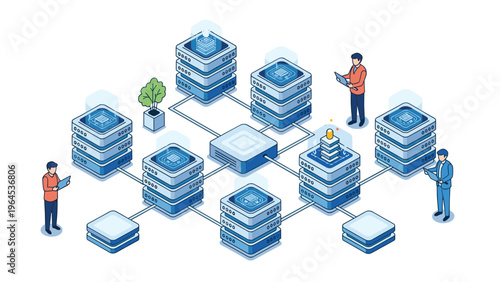 Isometric illustration of a complex server network with data racks connected to a central hub and people managing the system.