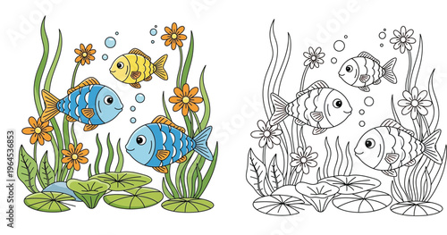 Cute cartoon underwater scene with fish and aquatic plants, colored and black and white outline coloring page for kids vector