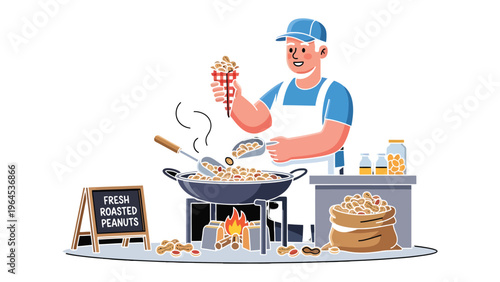 Peanut Vendor: A vendor, with passion, offers freshly roasted peanuts on a busy street corner. He creates a delicious culinary experience. 