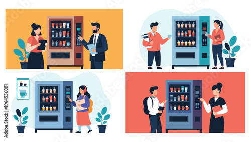 Set of four illustrations showing people interacting with vending machines in different public or office settings to buy snacks.