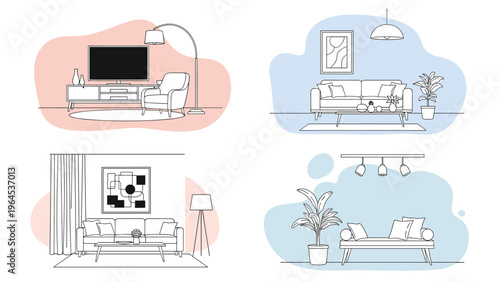 Four line art illustrations of modern living room interiors with furniture like sofas, coffee tables, lamps, and plants on colorful backgrounds.