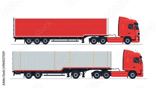 Two large red semi-trucks with trailers, one with a red cargo box and the other with a white ribbed container.
