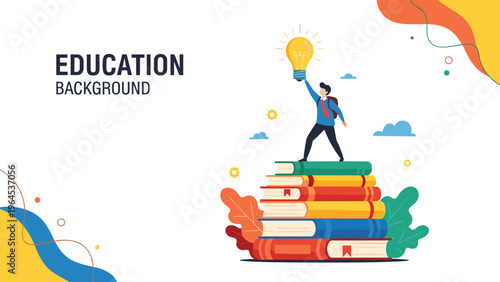 Educational background illustration with a student standing on a tall stack of books and holding a large glowing light bulb.