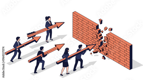 Team of business professionals in suits using large arrows to break through a brick wall representing overcoming obstacles and success.