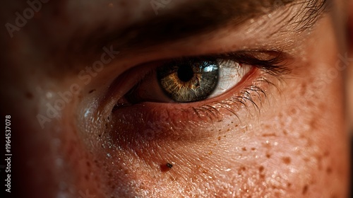 Extreme Close-up of a Human Eye with Intricate Iris Details and Freckled Skin Under Warm Dramatic Cinematic Lighting