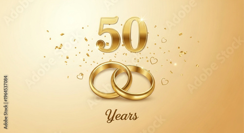 Golden 50th Anniversary Celebration with Rings and Confetti.