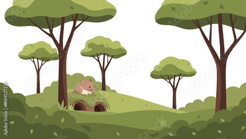 Small brown mouse sitting on a grassy mound with a burrow underneath in a green forest with tall trees.